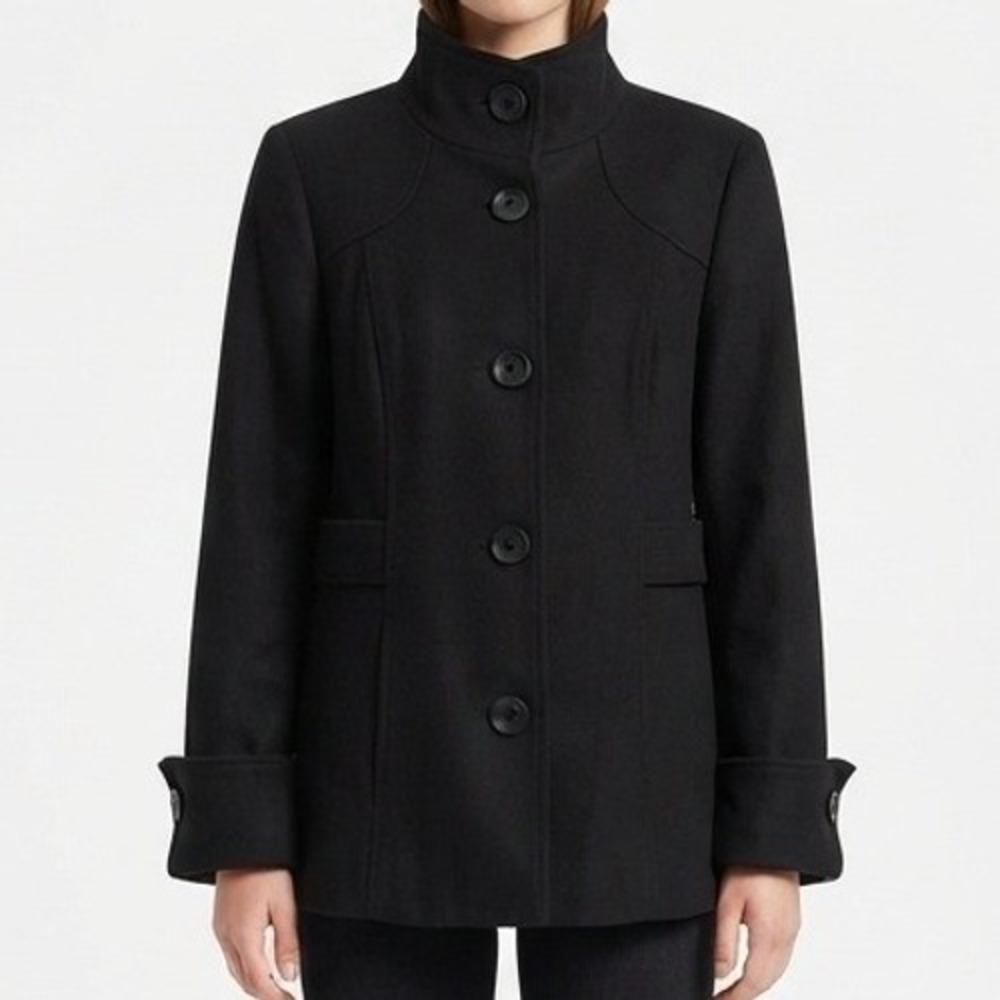 Chico's Pea Coat Womens Size 2 Large Black Mock Neck Button Front Outerwear